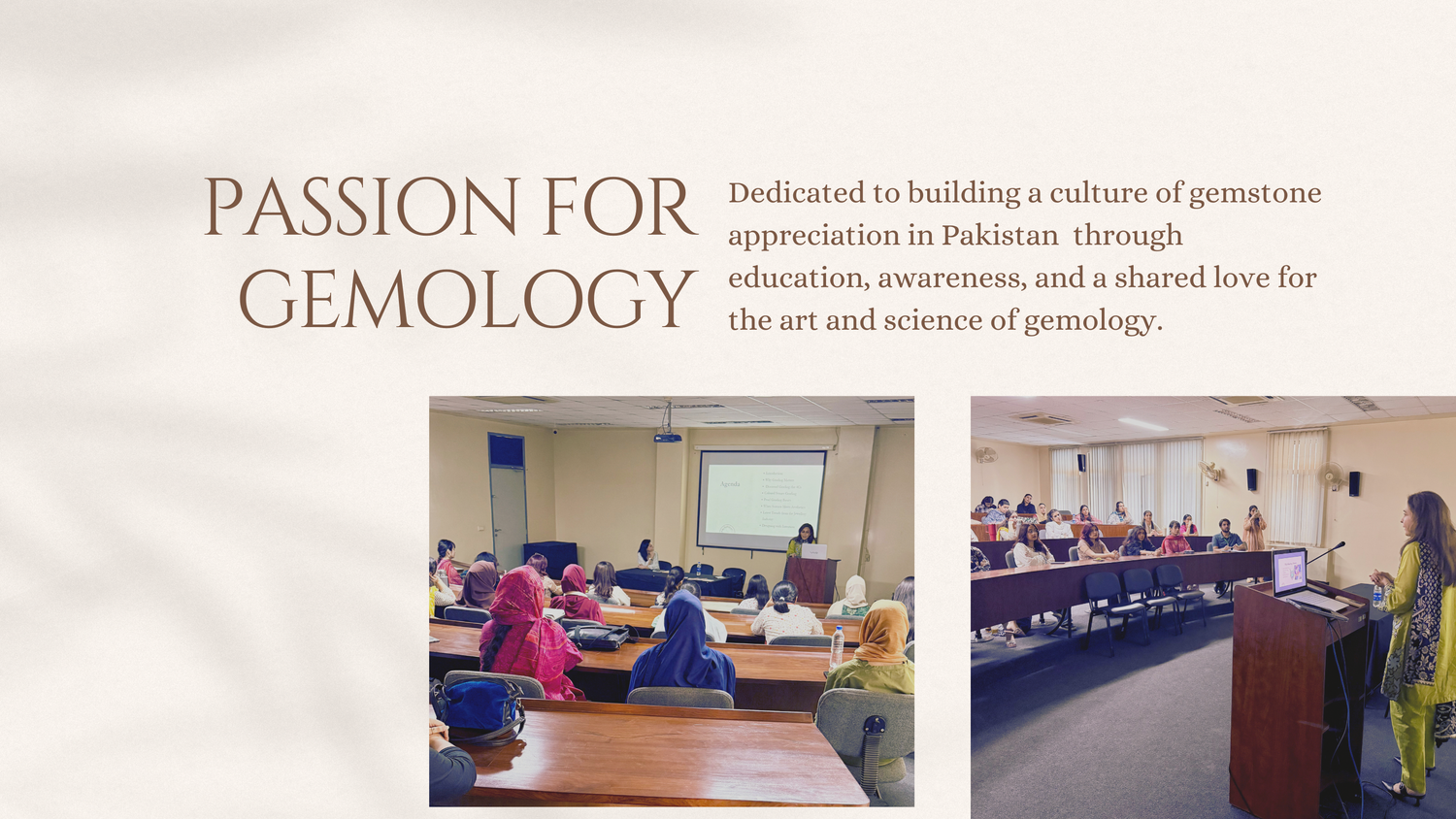 Two classroom settings with people seated, with text about gemstone appreciation in Pakistan.