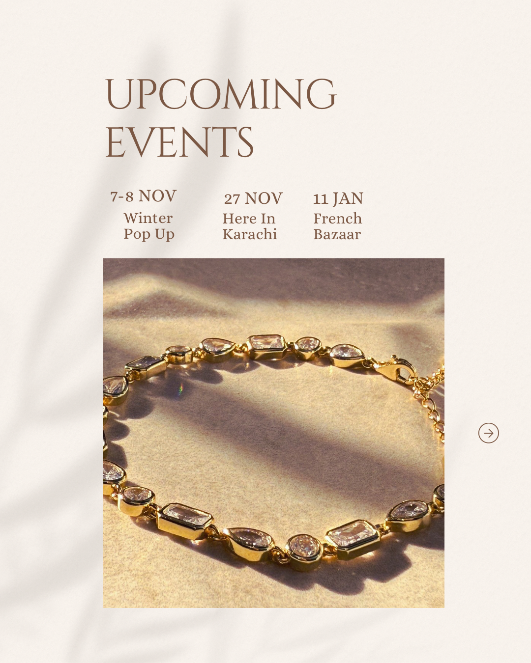 Gold bracelet with gemstones on a textured surface, event details above.