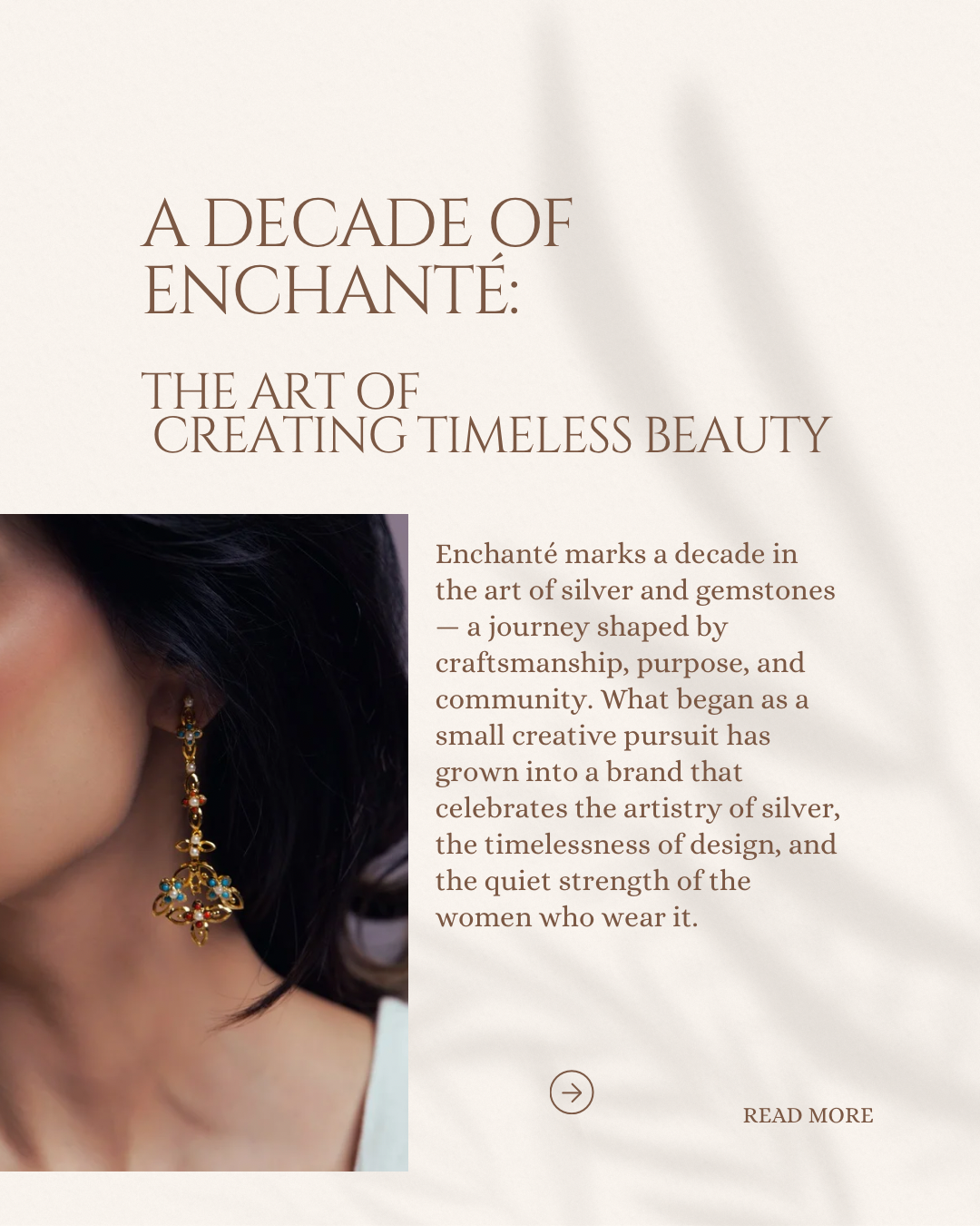 Earring with text about Enchante's decade of creating timeless beauty