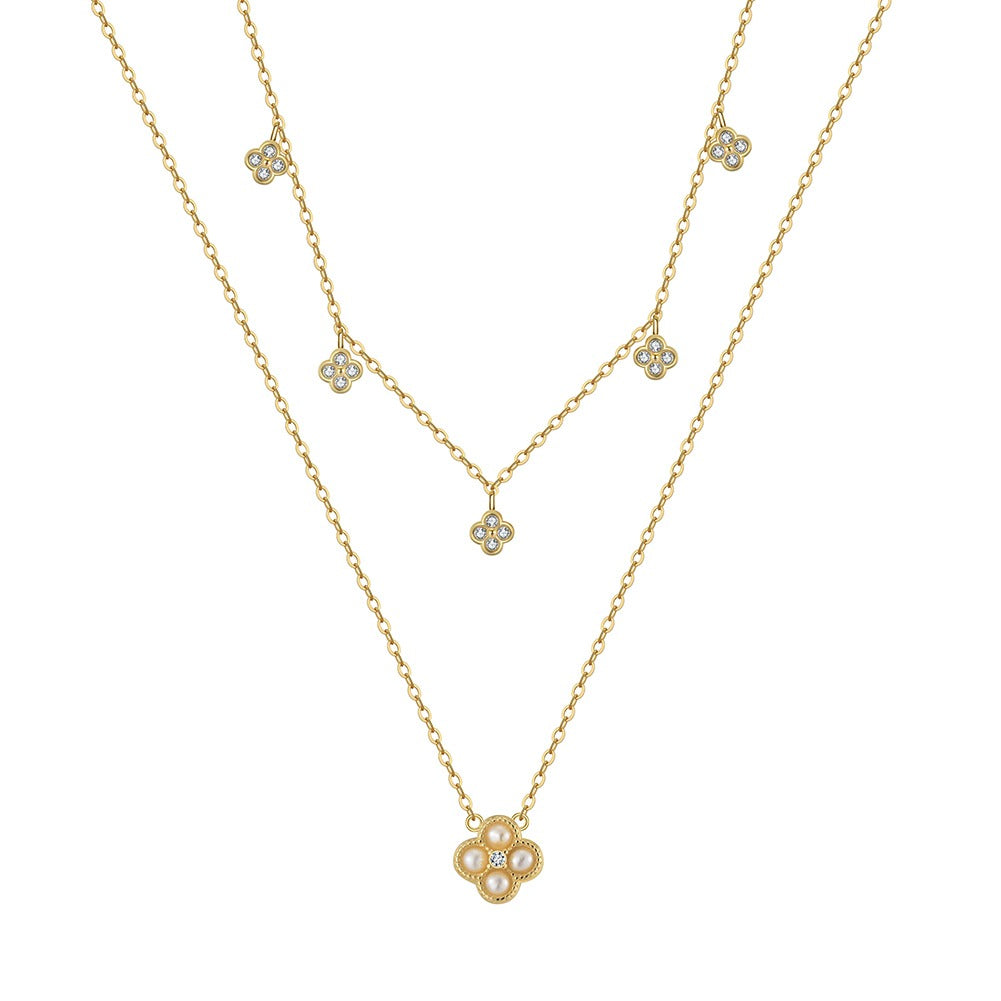 Double layered Bella necklace embellished with CZ and  Cultured Freshwater Pearl. 