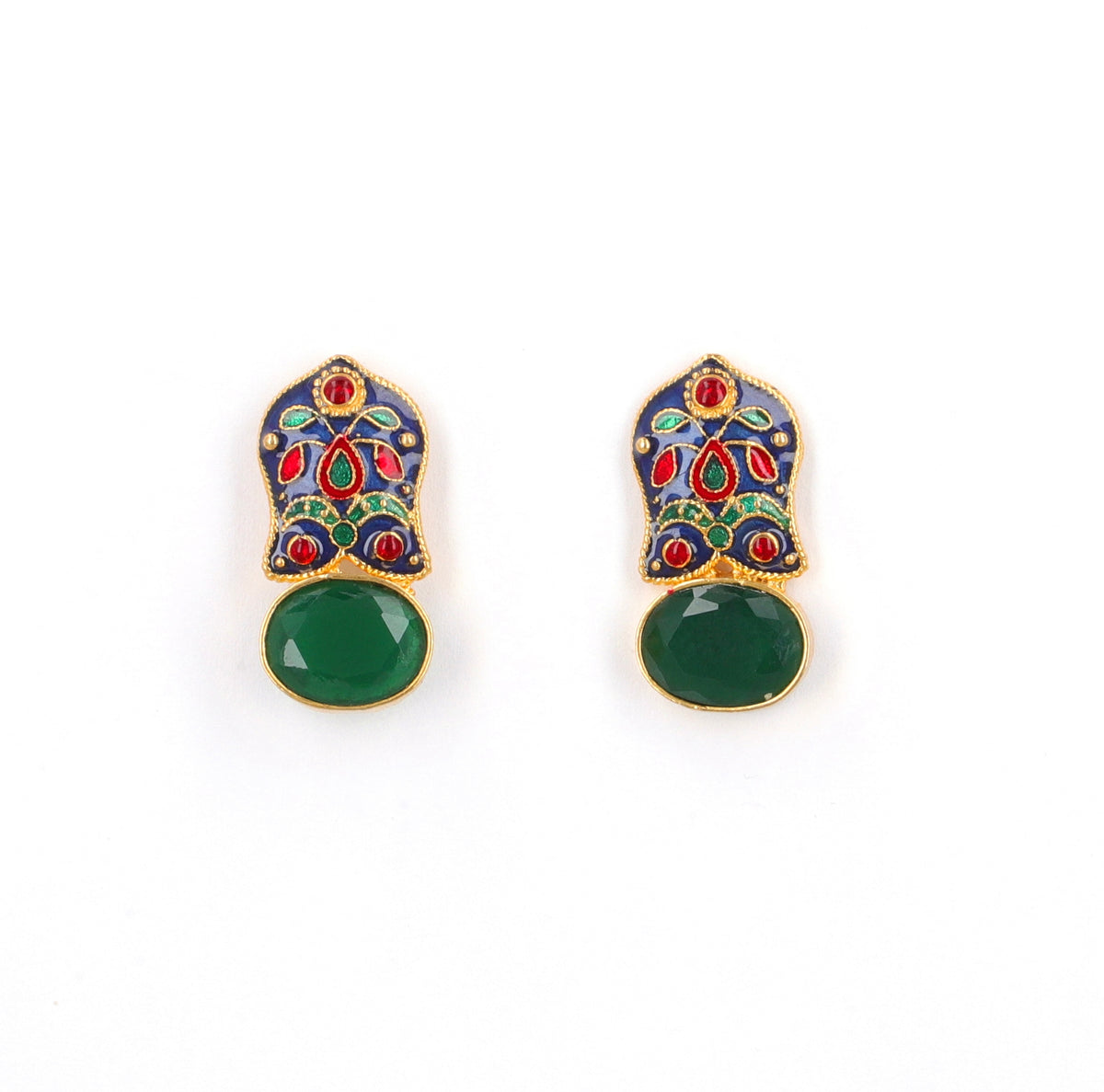 Green Jade and Blue  Meenakari Ear Studs 