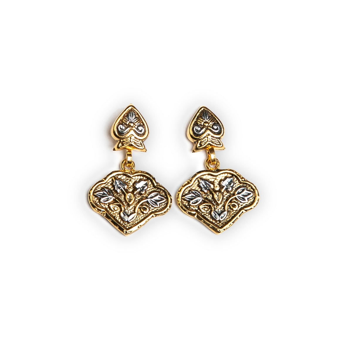 A pair of gold-toned drop earrings with ornate filigree detailing and small clear stones, shown on a plain white background.