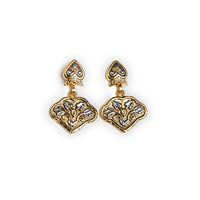 A pair of gold-toned drop earrings with ornate filigree detailing and small clear stones, shown on a plain white background.
